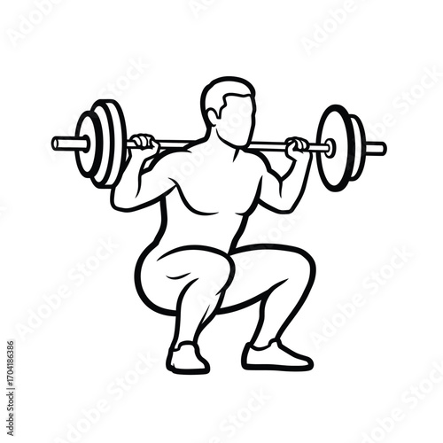 Fitness silhouette of a muscular man performing a barbell squat exercise in outline style for health and gym promotion vector