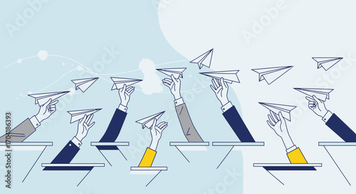 Conceptual illustration of business teamwork, with multiple hands in suits launching paper airplanes together.