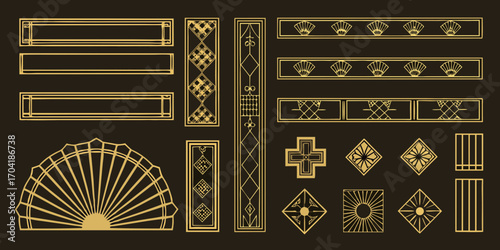 Collection of art deco geometric decorative elements and borders in gold on dark background