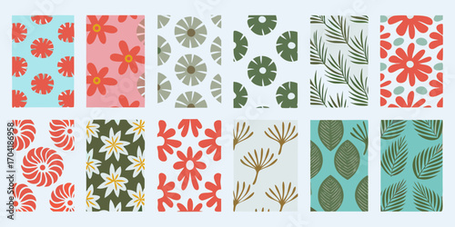 Collection of twelve abstract floral and leaf pattern designs in a variety of colors and styles