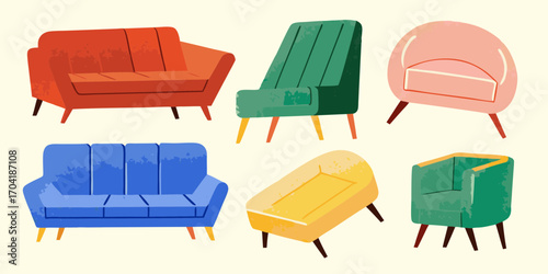 Collection of colorful retro style sofas and armchairs in various designs and colors