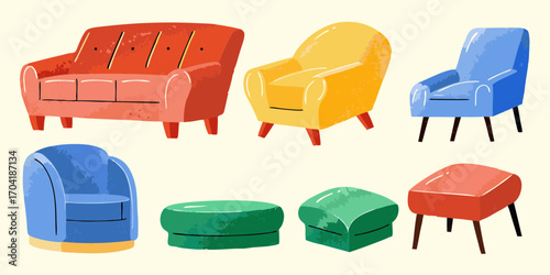 Collection of colorful cartoon style furniture including sofas armchairs and ottomans on a light background