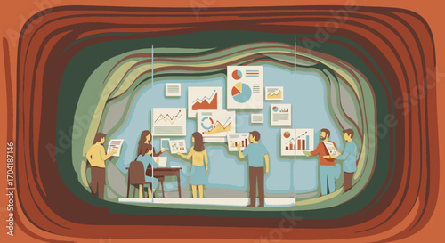 Business team collaborating on data analysis and strategy, depicted in a layered paper cutout illustration.