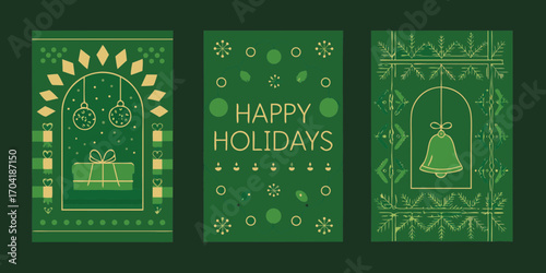 Three festive green and gold holiday greeting cards featuring gifts ornaments and bells
