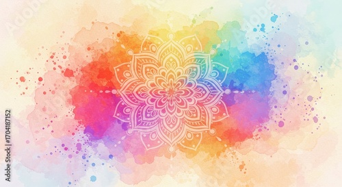 Vibrant mandala art on watercolor splash background