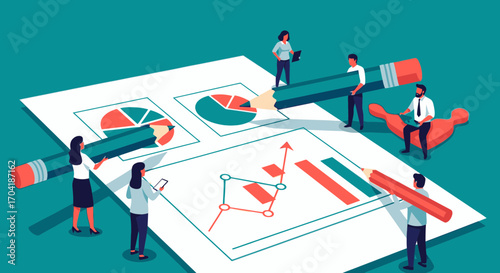 A collaborative team of professionals analyzing data and creating business reports with various charts and graphs.