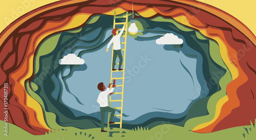 Two people collaborating on a ladder inside a colorful, layered cave, reaching for a lightbulb representing a new idea or discovery.