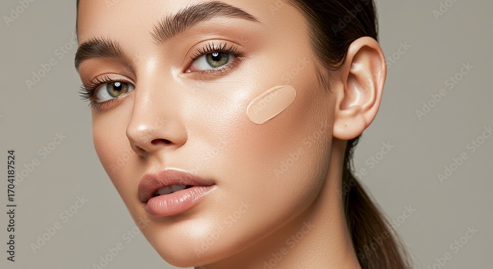 Fototapeta premium Woman applying foundation on neutral solid background