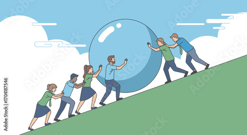 A diverse team of people collaborating to push a giant sphere up a steep hill, symbolizing teamwork and overcoming challenges.