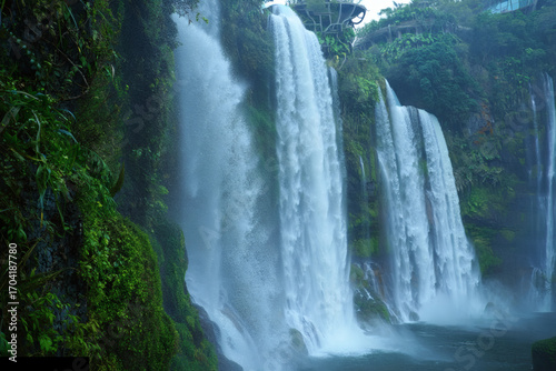A natural Thai jungle waterfall cascades over mossy rocks into a flowing stream