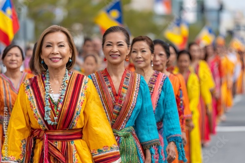 Filipino women wearing traditional clothing participating in cultural parade