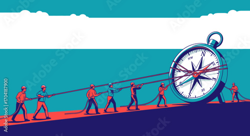 A team of people working together, pulling a giant compass to find a common direction and achieve their goals.