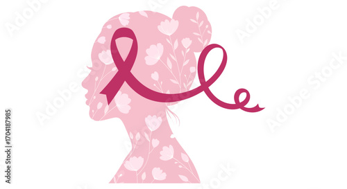 Pink ribbon silhouette of woman's head symbolizing breast cancer awareness and support vector