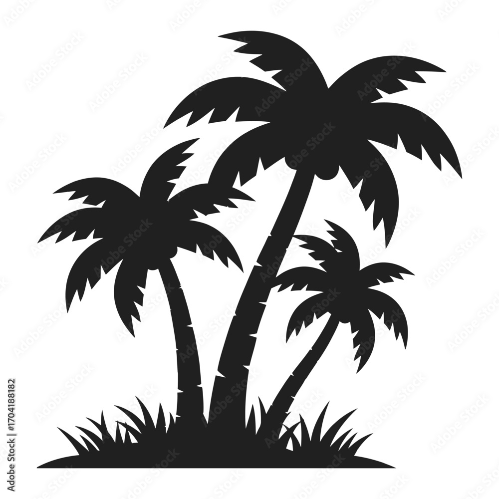 Fototapeta premium Silhouette of tropical palm trees standing tall on lush grass under the sun for a beach vacation scene vector