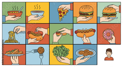 Collage of hands holding various delicious foods representing diverse culinary choices and fast food culture vector