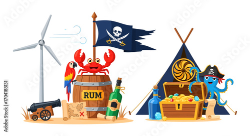 Pirate treasure jungle adventure with wind turbine parrot rum barrel and cannon symbols vector