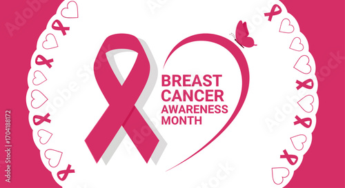 Pink breast cancer awareness ribbon forming heart shape with lace border vector