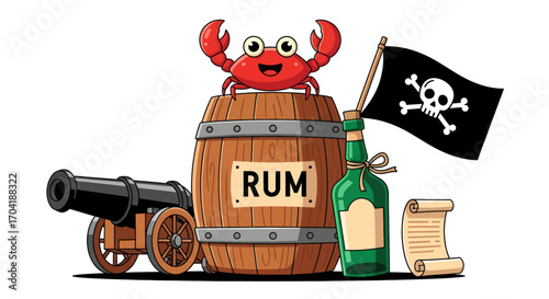 Whimsical pirate crab on rum barrel with cannon and jolly roger flag vector
