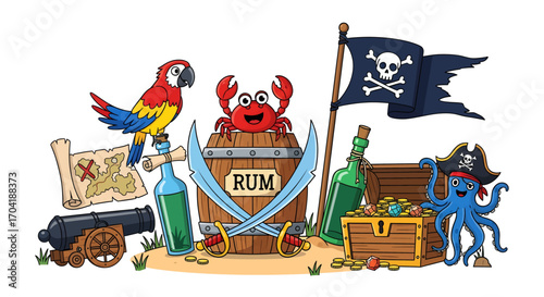 Pirate treasure adventure collection with parrot cannon rum barrel and skull flag vector
