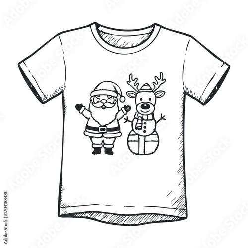 Festive christmas t-shirt design featuring santa and reindeer holiday apparel cheerful atmosphere front view fun concept. Vector illustration