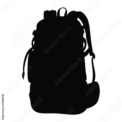 Black silhouette of a large outdoor travel backpack with many straps