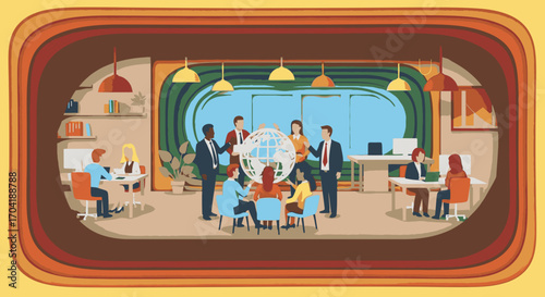 A diverse team of professionals in a modern office collaborating around a globe, depicted in a layered paper-cut art style.