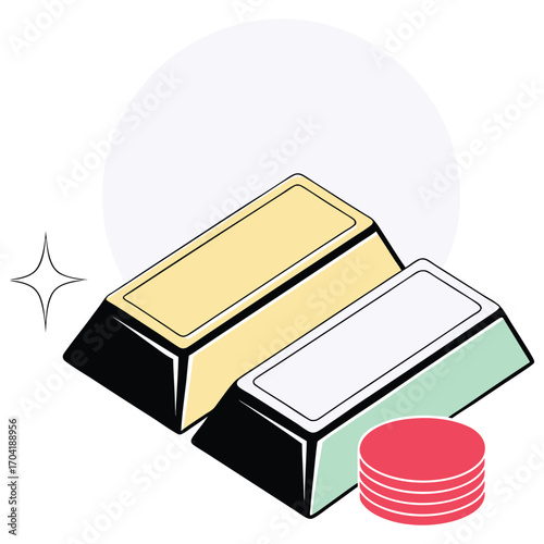 Vector art of two gold bars and a stack of red coins, representing wealth, investment, and precious metals
