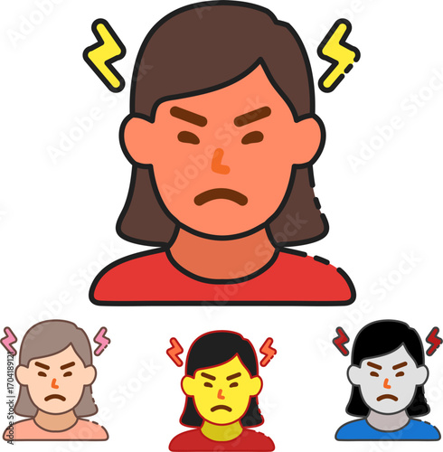Expressive angry women with thunderbolts, showing frustration and conflict, perfect for illustrating emotional overload, stress management, or interpersonal communication issues in modern workplaces