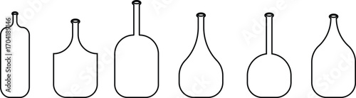 Wine bottle icon set collection group in black line style, alcohol beverage liquor container pack, bar pub drink symbol bundle, silhouette outline illustration, isolated on transparent background vect