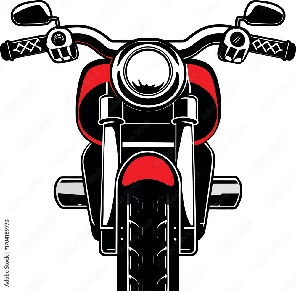 Fototapeta premium Stylized vector illustration of a motorcycle front view with red and black color scheme. Modern bike design concept suitable for automotive logos, posters, emblems, stickers, or transportation-themed 