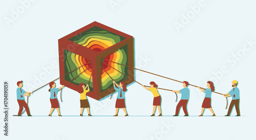 A diverse team of business people working together, pulling a large, complex, and colorful cube with ropes, symbolizing collaboration and teamwork.