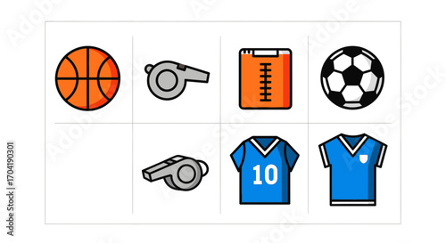 A collection of colorful sports-themed icons including a basketball, soccer ball, whistles, jerseys, and a playbook.