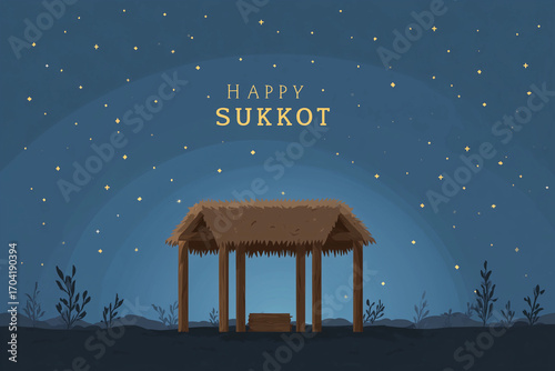 Celebrate Sukkot with a beautiful vector greeting card featuring a sukkah under a starry sky, displaying the festive spirit of the Feast of Tabernacles in 2025