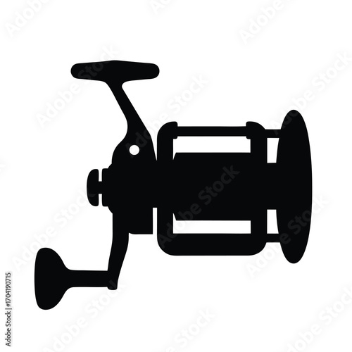 Silhouette of a fishing reel with handle and spool on white