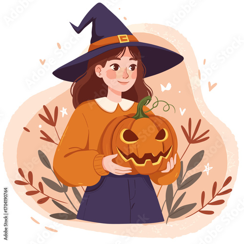 Young girl wearing witch hat and holding carved pumpkin for Halloween  