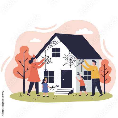 Family decorating home with spider webs for Halloween celebration  