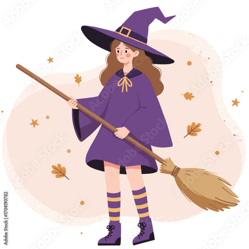 Young woman witch holding broomstick with autumn leaves background  