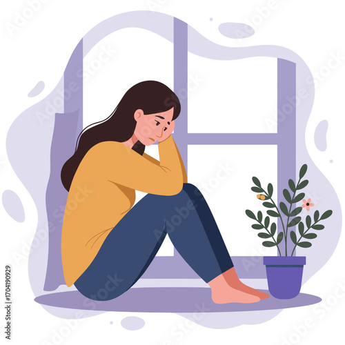 Young woman sitting on the floor by window with sad expression  