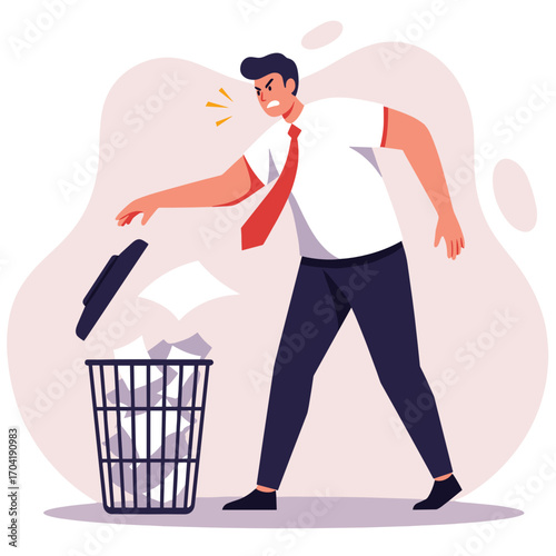 Angry businessman throwing papers into trash can in office setting  