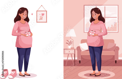 Pregnant woman holding baby shoes in cozy home and studio setting, celebrating motherhood, anticipation, and nursery preparation with joy