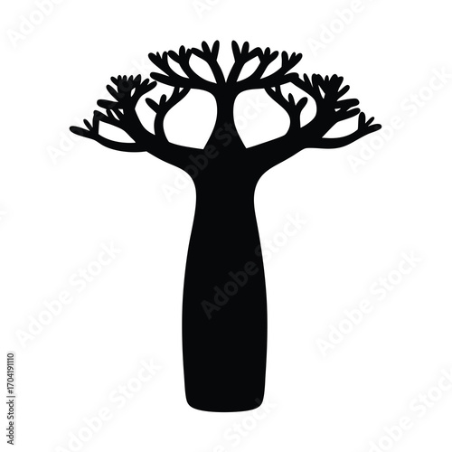 Black and white silhouette of baobab tree, no leaves, isolated on white