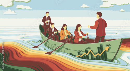 Business team in a boat shaped like a financial growth chart, rowing together on a turbulent sea, symbolizing teamwork and leadership.