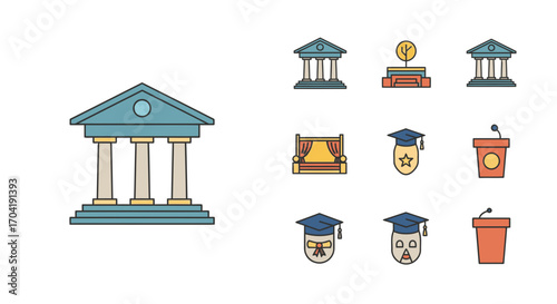Government and education icon pack with courthouse, podium, and graduation cap illustrations.