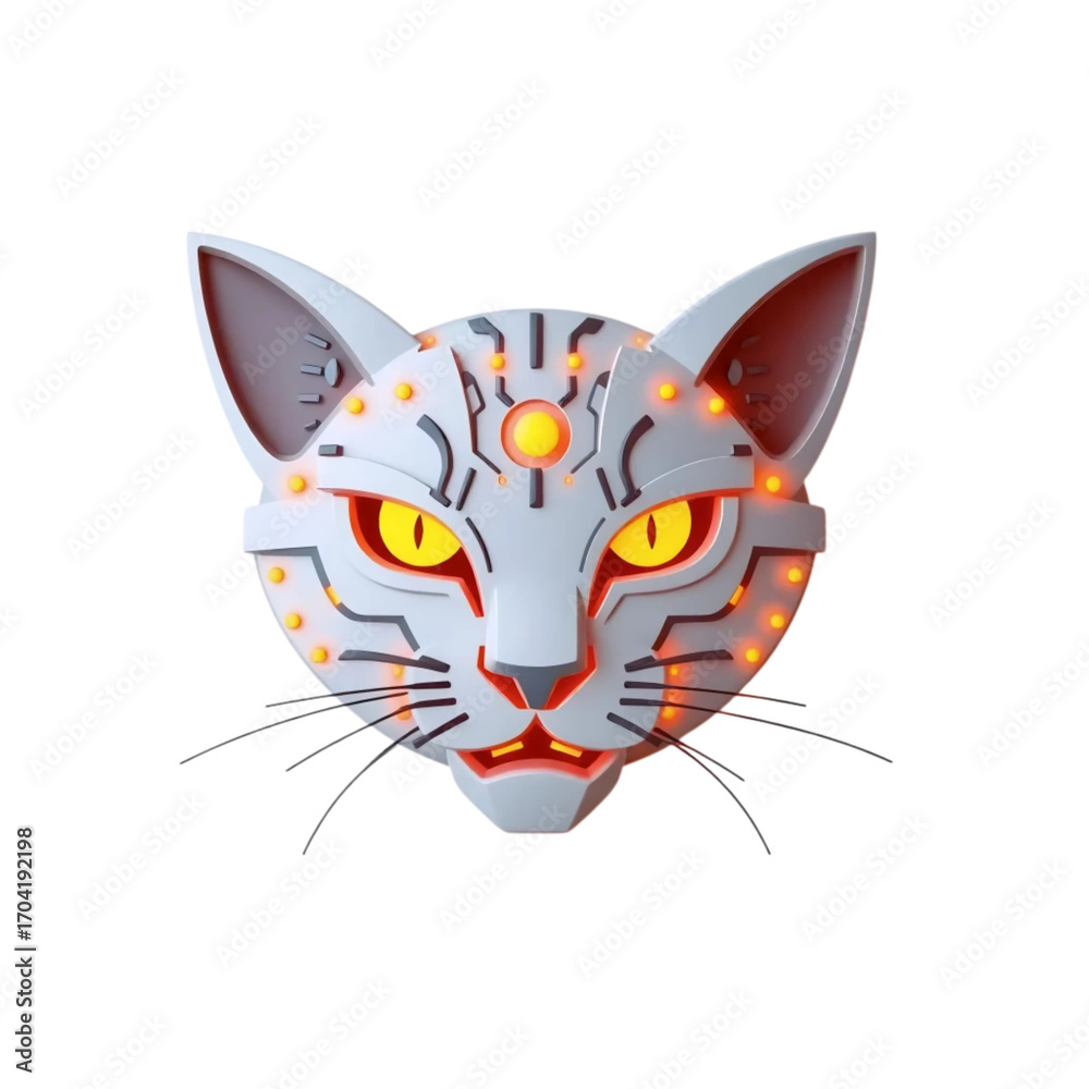 Obraz premium orange and gray cat head illustration with glowing yellow eyes and detailed fantasy vector style