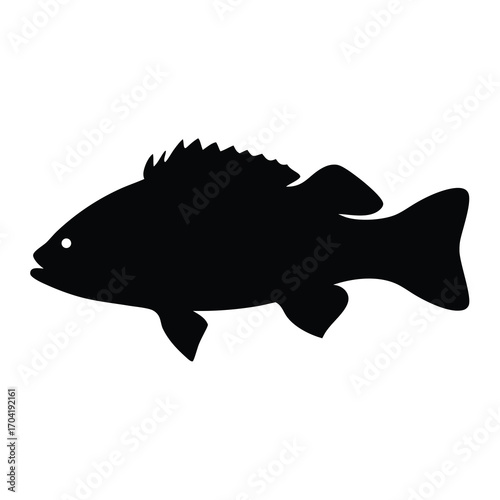 Black silhouette of a rockfish swimming in the ocean on white background