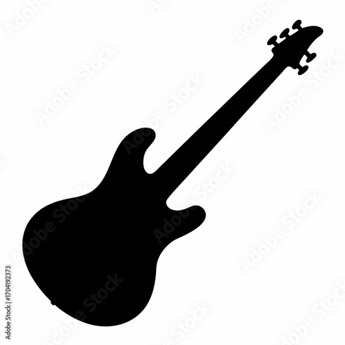 Black silhouette of a five string bass guitar on a white background