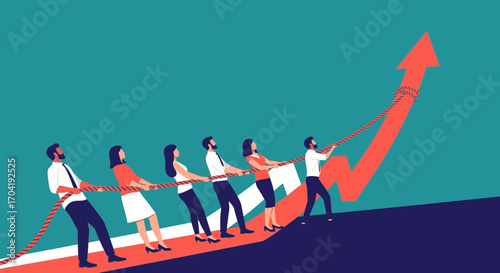 Business teamwork concept showing a diverse group of people pulling a large red arrow graph upwards, symbolizing growth and success.