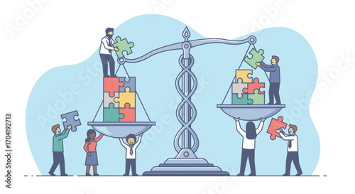 Diverse people collaborate to build with puzzle pieces on a balanced scale, symbolizing teamwork, equality, and problem-solving.