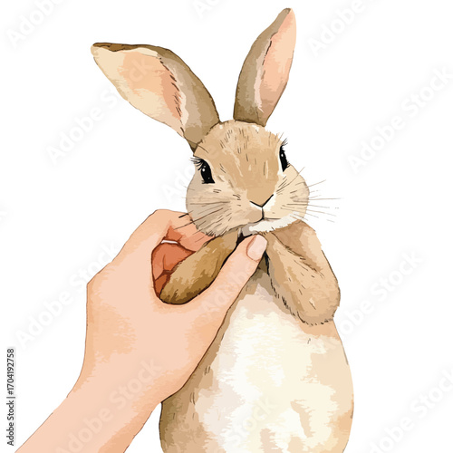 Gentle Hand Holding a Cute Watercolor Rabbit