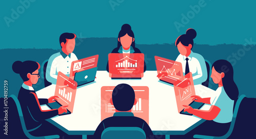 A team of business professionals in a meeting, analyzing data on futuristic holographic laptop screens.